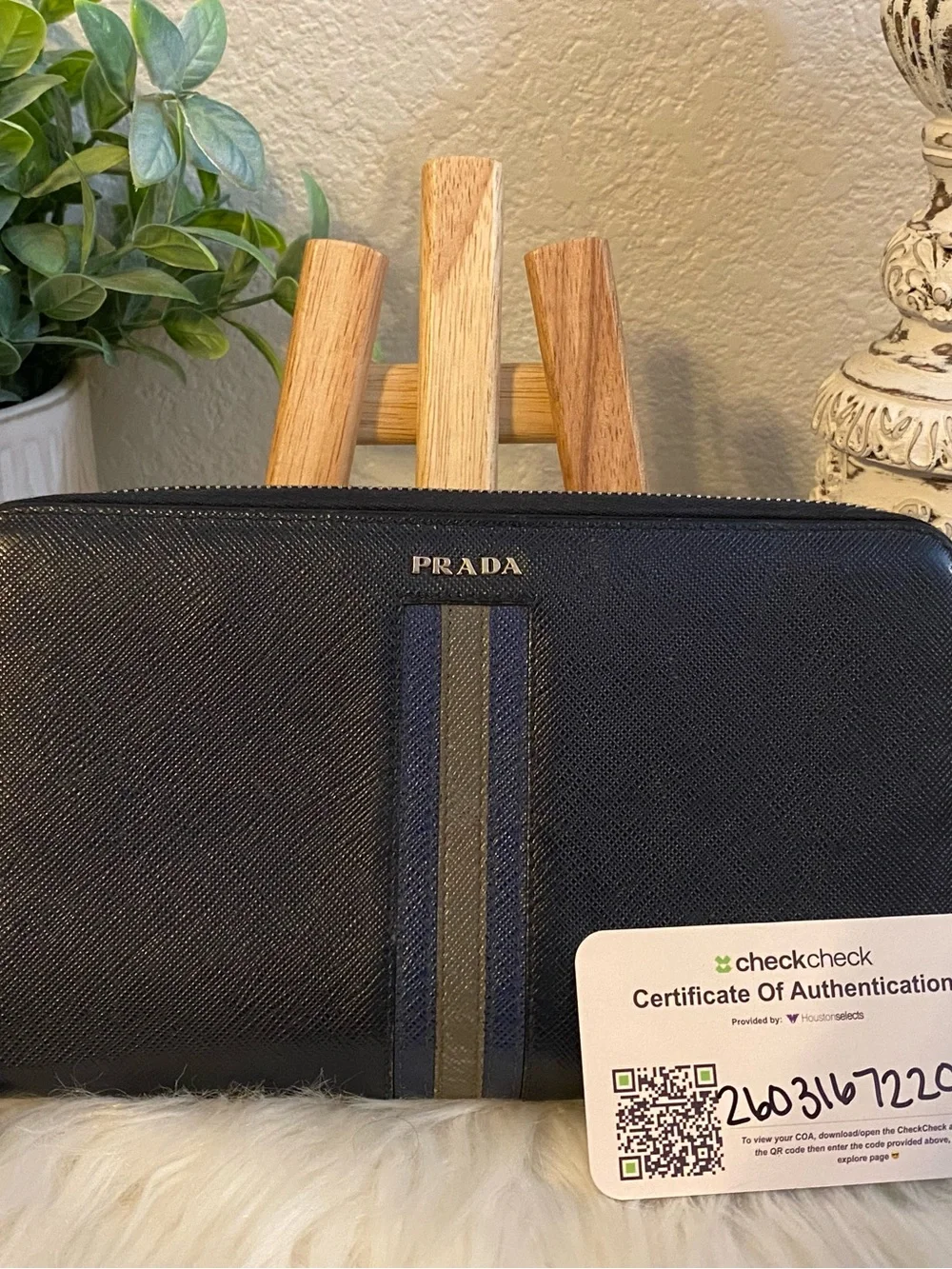 PRADA Unisex Saffiano Double Zip Travel Organizer/ Clutch Wallet with Stripe